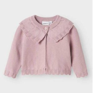 CARDIGAN CON COLLO LAVORATO ROSA – Name it