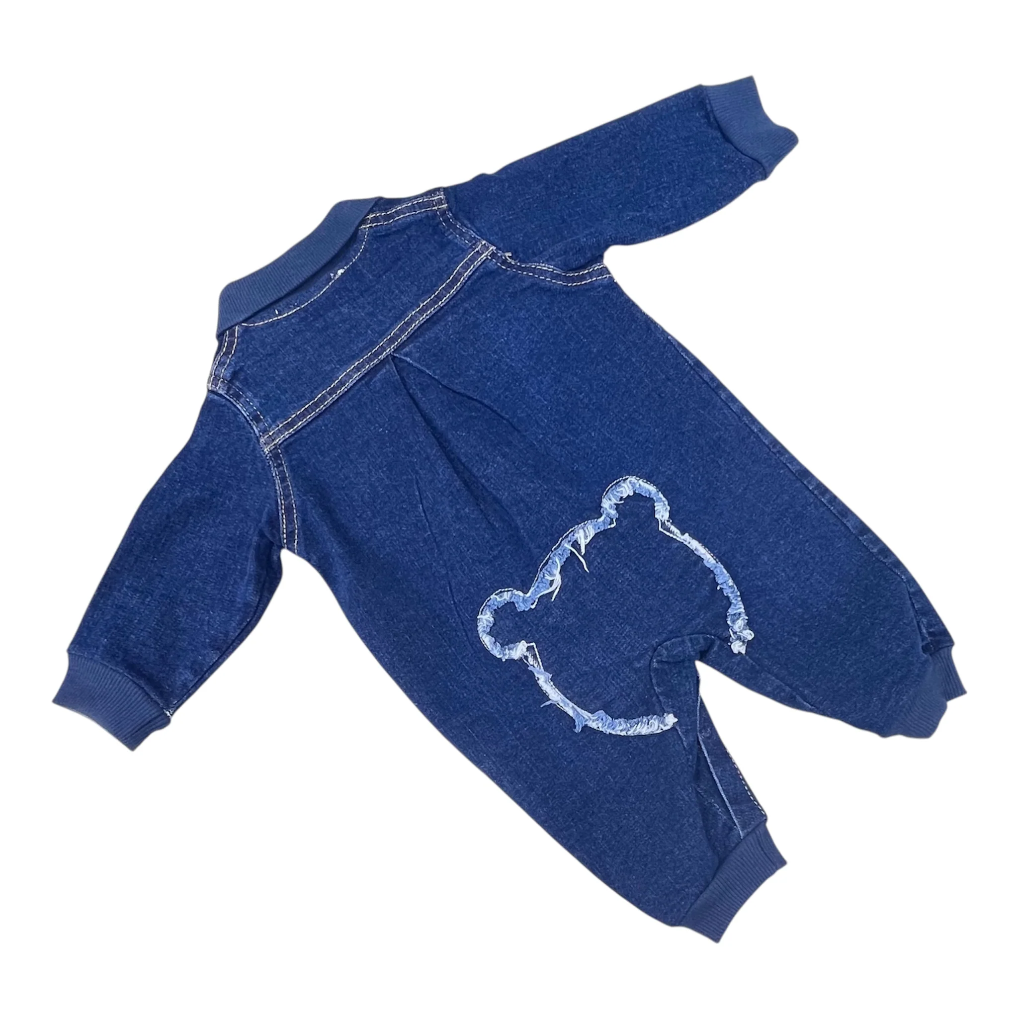 Tutina in Cotone/Denim Neonato con Dettagli bottoncino Legno e Orsetto sul Retro - immagine 3