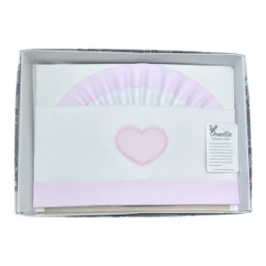 Ornella Coordinato Carrozzina 100% Cotone Ricamo Cuore Lenzuola Sopra Sotto e Federa
