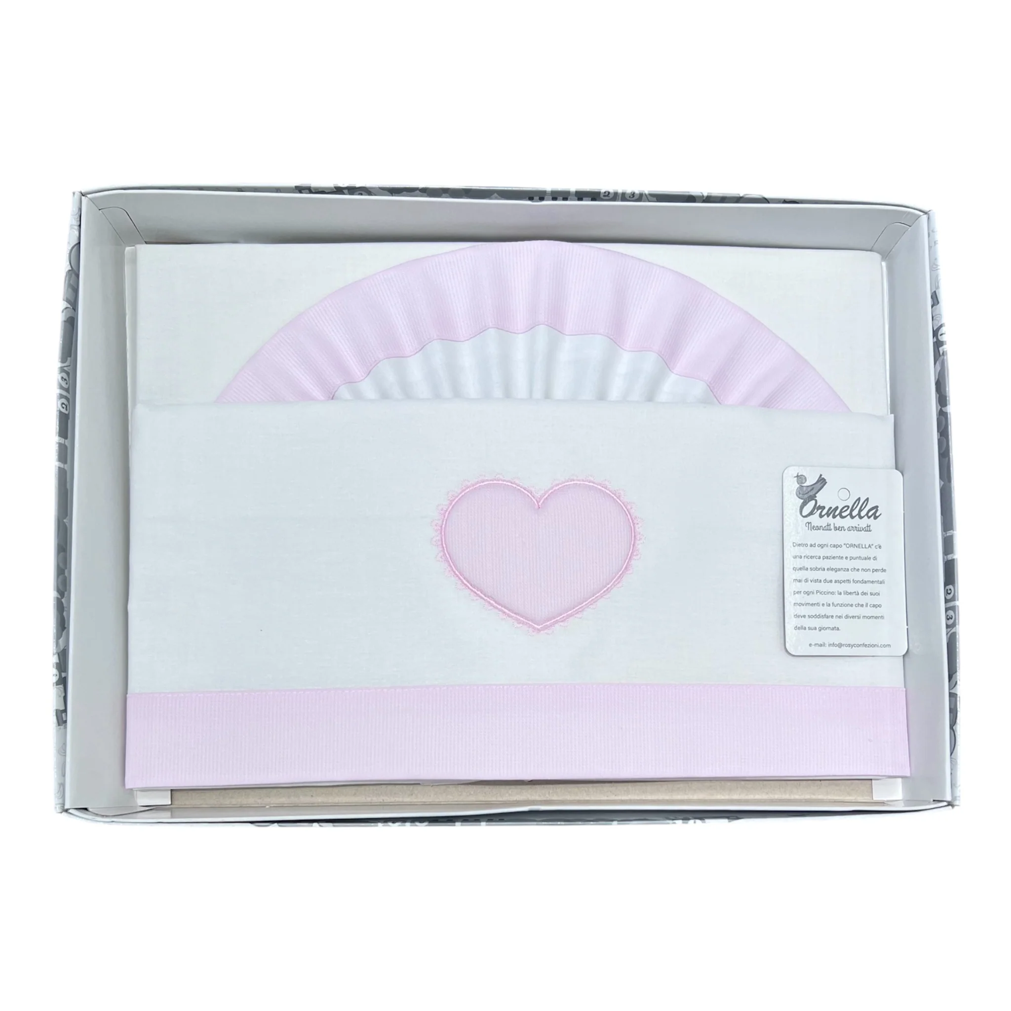 Ornella Coordinato Carrozzina 100% Cotone Ricamo Cuore Lenzuola Sopra Sotto e Federa - immagine 2