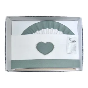 Ornella Coordinato Carrozzina 100% Cotone Ricamo Cuore Lenzuola Sopra Sotto e Federa