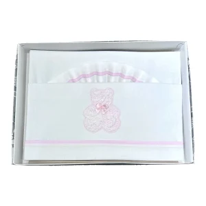 Ornella Coordinato Carrozzina 100% Cotone Orso in Pizzo Lenzuola Sopra Sotto e Federa
