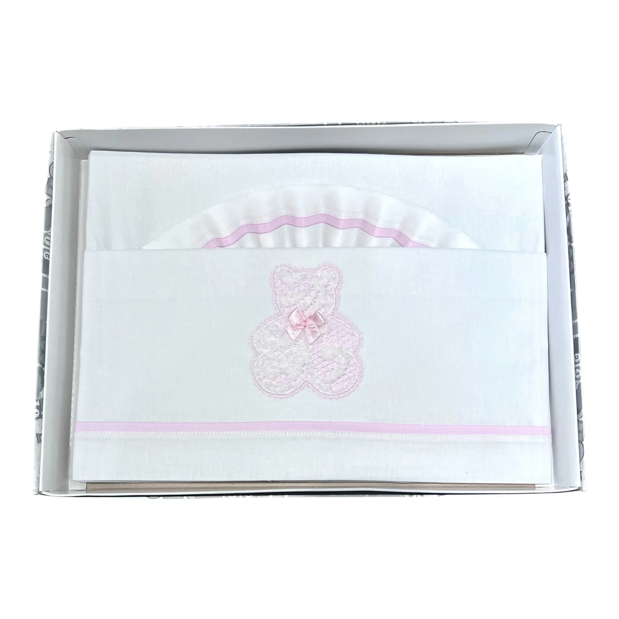 Ornella Coordinato Carrozzina 100% Cotone Orso in Pizzo Lenzuola Sopra Sotto e Federa