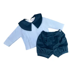 Pappa e Latte Completo Maglia in Lana con Collo in Velluto e short in Velluto Da Neonato