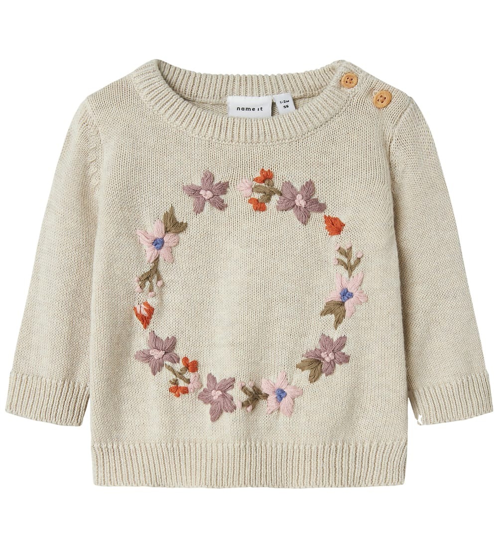 PULLOVER BEIGE CON RICAMI A FIORI – Name it